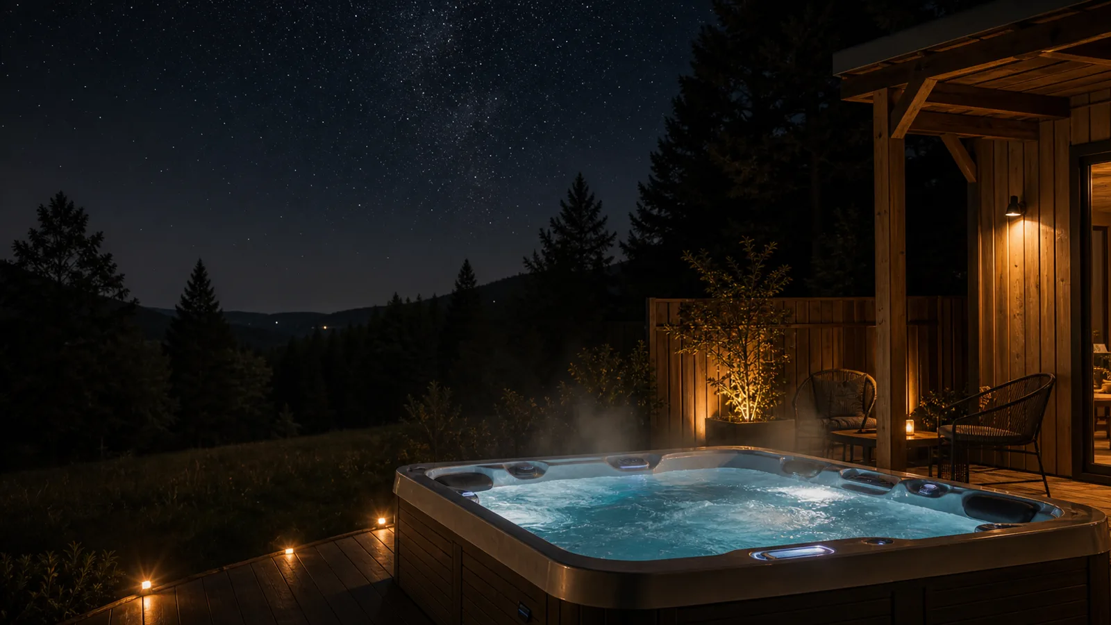Ambiance jacuzzi privatif de nuit dans les Vosges