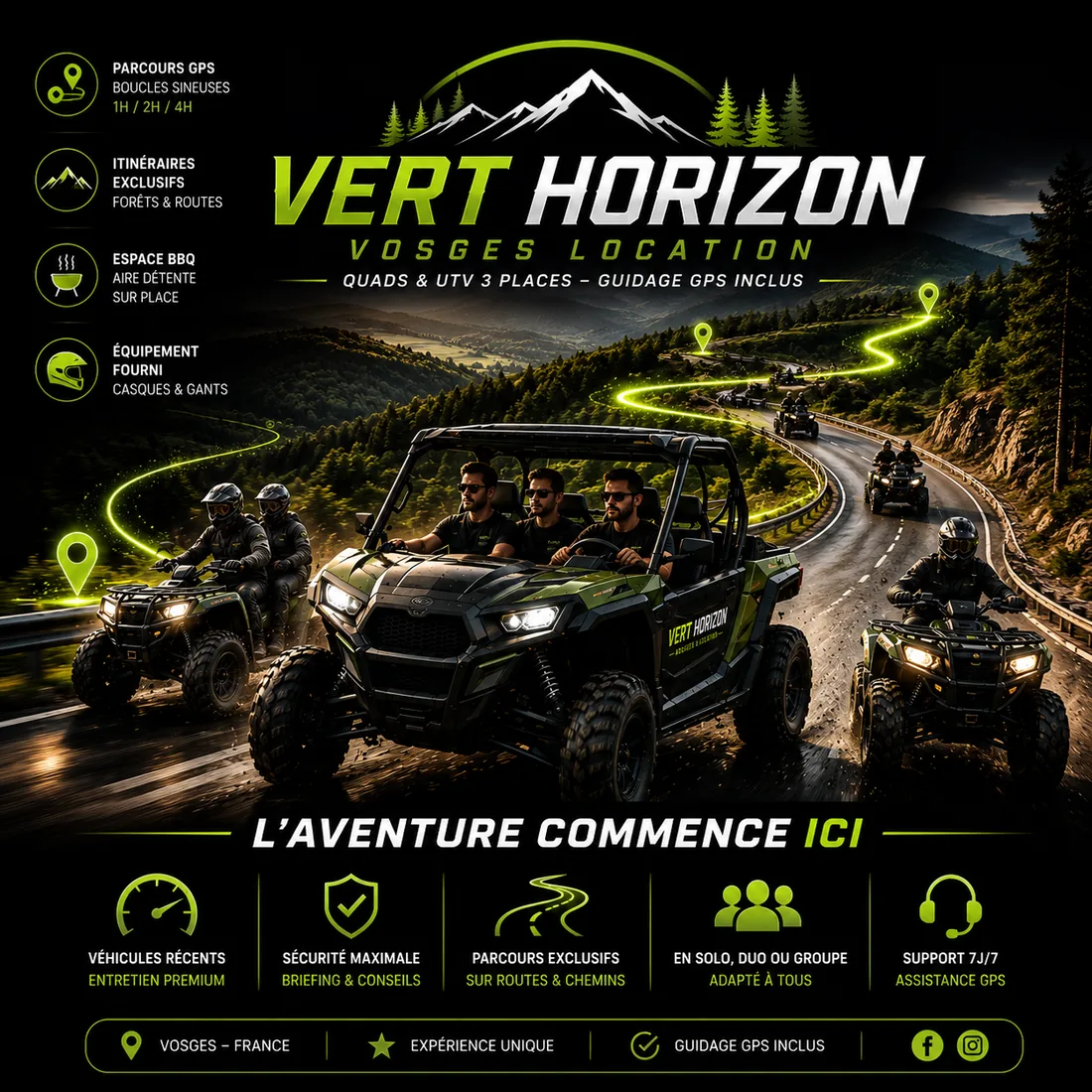 Affiche Vert Horizon Vosges Location quads et UTV avec guidage GPS