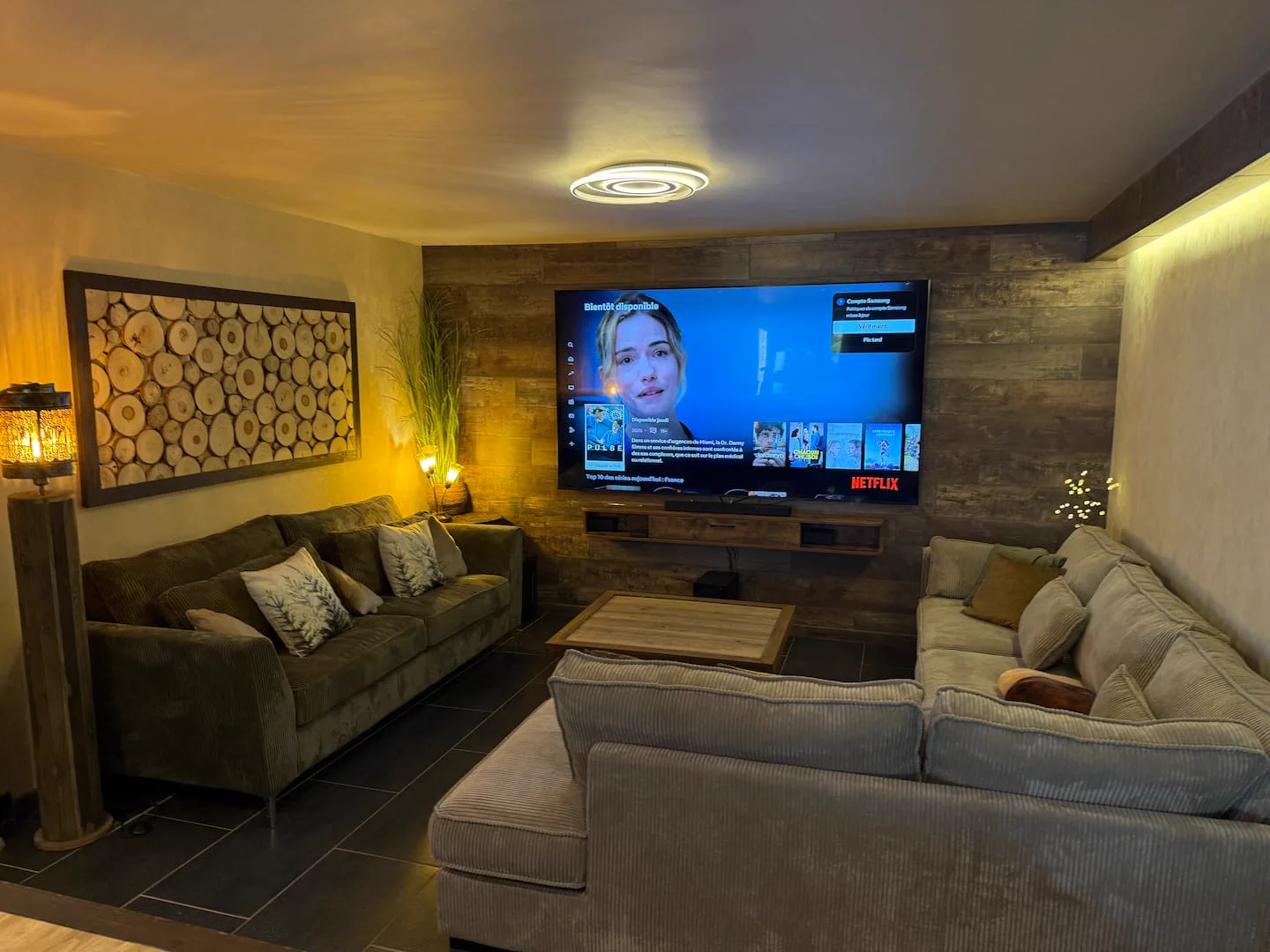 Grand salon avec canapés et télévision · L’Écrin de la Forêt